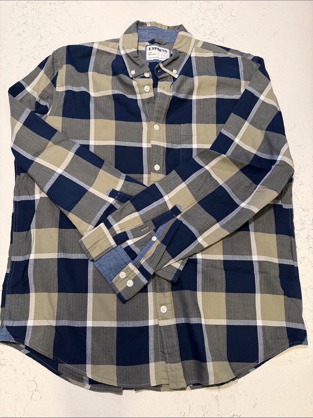 Express Men's Navy, Khaki & Gray Plaid Button-Down Shirt